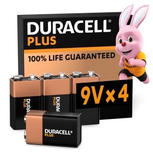 Duracell Plus 9V Batteries (4 Pack) - Alkaline - 100% Life Guaranteed - Reliability For Everyday Devices - 0% Plastic Packaging - 5-Year Storage - 6LR61 MN1604