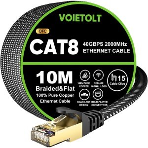 VOIETOLT Cat 8 Ethernet Cable 10M, High-Speed 40Gbps/2000Mhz Flat Braided Internet Cable, Gigabit STP RJ45 Network Cable Compatible for PS4/5, for Modem, PC/Laptop